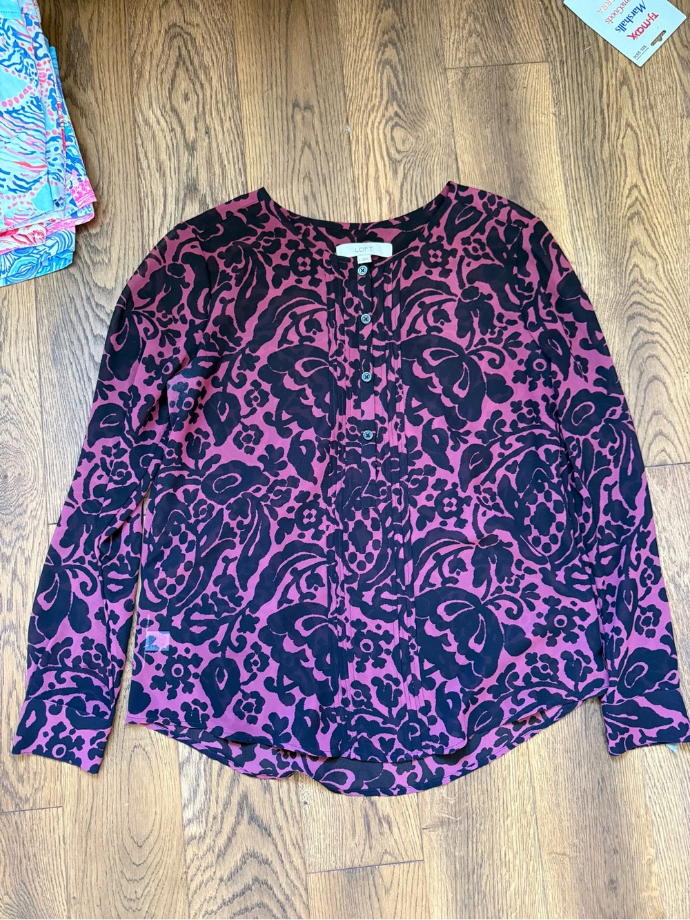 LOFT Purple and Black Floral Button-Down Blouse